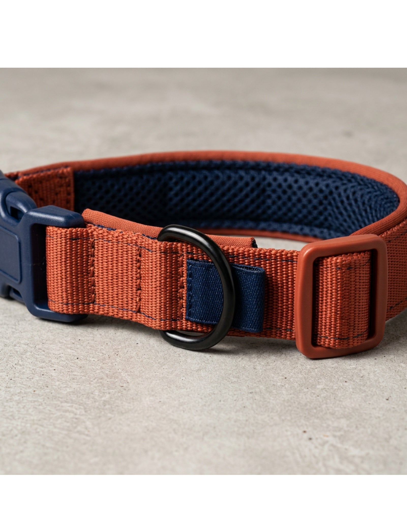 Novene Air Mesh Padded Dog Collar 3 cm Neck 45-62 cm Terracotta and Navy - Detail view