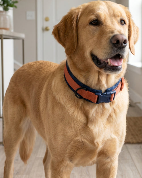Novene Air Mesh Padded Dog Collar 3 cm Neck 45-62 cm Terracotta and Navy - Lifestyle view